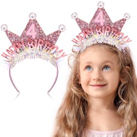 Zeyune 4th Birthday Crown Headband for Girls, Birthday Girl Headband, Princess Tiara Glitter Pearl Hair Band, Happy Birthday Decorations and Gifts Hair Accessories for 6 Year Old Party