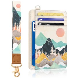 Yonlevres Sunrise Mountain Credit Card Holder Slim Wallet, RFID Wallet Women Front Pocket Wristlet Lanyard, Small Card Holder Travel Funny Cute Thin Card Case ID Window PU Leather Card Organizer Gifts