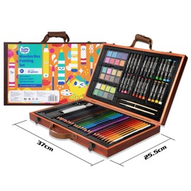 KIDDYCOLOR 85pcs Deluxe Art Creativity Set in Wooden Case, Painting & Drawing Kit for Kids with Oil Pastels, Colored Pencils, Watercolor Cakes, Paint Brushes, Coloring Pages