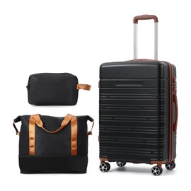 Fasyou 3 Piece Luggage Set, ABS Hardshell Suitcase Set with TSA Lock, Spinner Wheels, and Telescopic Handle, 20 Inch Durable Carry On Luggage Hardside Luggage for Women, Black+Brown