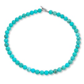 Blue Compressed Turquoise Round Gem Stone 10MM Bead Strand Choker Necklace Western Jewelry for Women Silver Plated Clasp 15 Inch