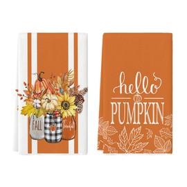 Artoid Mode Stripe Vase Flowers Hello Pumpkin Fall Kitchen Towels Dish Towels, 18x26 Inch Seasonal Decoration Hand Towels Set of 2