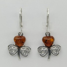 Amber America Cognac / Brown Flower BALTIC AMBER Earrings 925 STERLING SILVER Leverback #7823
