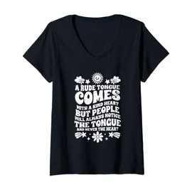 Womens Vintage Rude Tongue And A Kind Heart For Self-Esteem Booster V-Neck T-Shirt