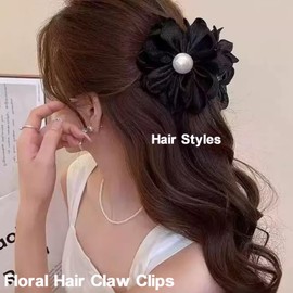 2pcs Medium Size Hair Claw Clips with Flower Beads Hair Jaw Clips Hair Accessories for Girls Women Daily Wearing Styling (Blue+Black)