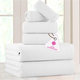 CASA COPENHAGEN Popcorn Textured 6 Pieces Towel Set- White, 550 GSM 2 Bath Towel 2 Hand Towel 2 Washcloth, Rough & Tough Use Cotton Towels Gift Set for Bathroom