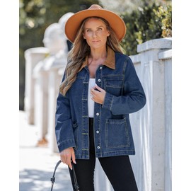 luvamia Light Fall Jackets for Women Women's Corduroy Jacket Country Concert Jacket Womens Oversized Denim Shacket Classic Blue Size Large Size 12 14