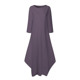 Jacansi Women Boho Beach Party Plain Cotton Linen 3/4 Sleeve Kaftan Dress (04-Purple, L)