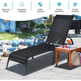 HOMGX Lounge Chair Outdoor Set of 2, 5-Position Adjustable Tanning Patio Chair with Armrests, Reclining Chair with Sturdy Steel Frame, Chaise Lounge Chair for Outside Beach, Pool, Camping, Black