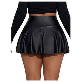 GORGLITTER Women's A Line Flared Ruffle Hem Leather Skort High Waisted Party Mini Shorts Black XL