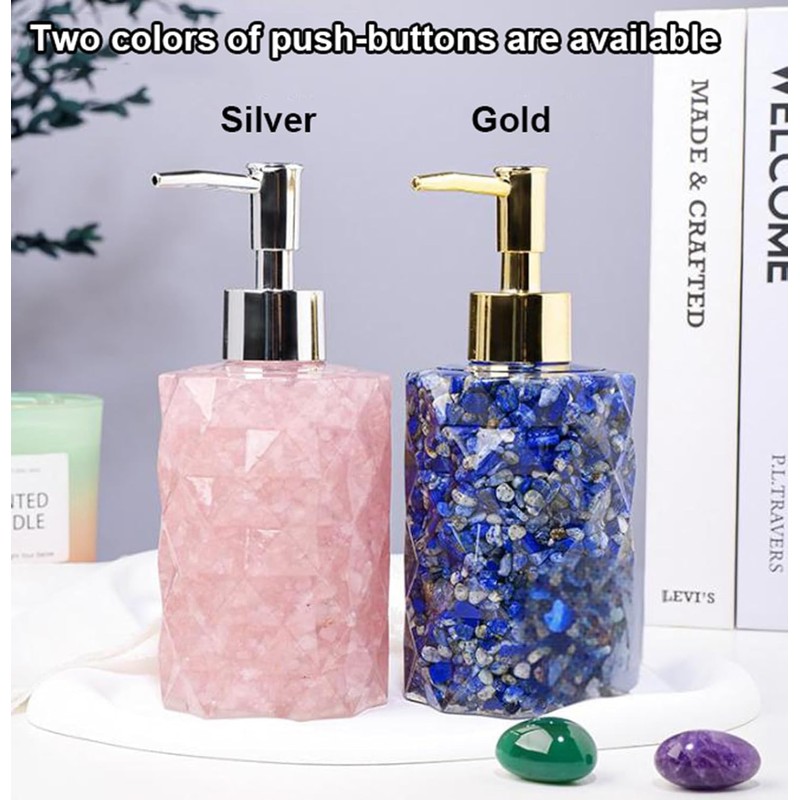 Decorative Crystal Soap Dispenser, Natural Stone Design, Gold Pump, Bathroom