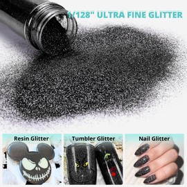HTVRONT Fine Black Glitter for Crafts - 50g/1.76oz Extra Fine Glitter Powder, 0.008" Portable Ultra Fine Glitter for Resin, Nails, Tumblers, Ornaments, Makeup, Body Glitter Dust Bulk Shaker Jar