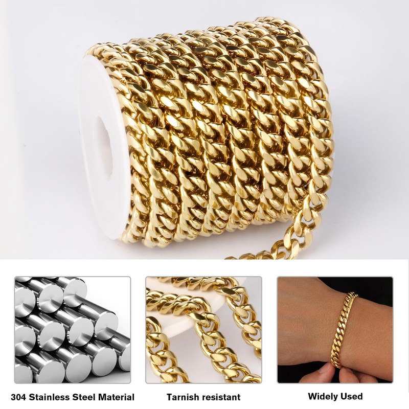 16.5FT Gold Cuban Chains 7mm Stainless Steel Curb Chain for