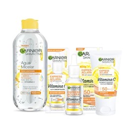 Kit Garnier Express Aclara Rutina anti manchas con Vitamina C Srum facial, agua micelar y todo-en-1 tono medio con FPS, 3 piezas. Hidrata, ilumina y  