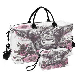 Travel Duffle Bag Weekender Bags Overnight Bag with Toiletry Bag Gym Duffel Bag Highland Cow Pink Floral for Travel Business Trips Sport