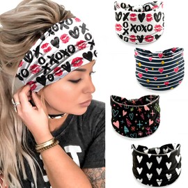 4 Pcs Valentine's Day Headbands for Women, Black White Wide Turban Dress Up Costume Breathable Stretchy Non Slip Head Wrap, Love Heart Pattern Holiday Fall Winter Hair Band for Yoga Running Party
