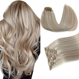 Pinkpearl Clip in Hair Extensions #18P1000 Ash Blonde Highlighted Gray Blonde 7pcs 18 inches 120g Real Remy Hair Extensions Clip in Human Hair(#18P1000,18)