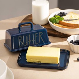 Sweejar Ceramic Butter Dish with Handle Lid, 7.3 Inch Porcelain Large Butter Keeper with Cover, Perfect for East/West Butter (Navy)