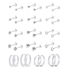 Akeoqi 16 Pairs Small Stud Earrings Stainless Steel Flat Back Tiny Stud Earring Huggie Hoops for Women Men CZ Ball Disc Stud Screw Back Cartilage Earring Set for Multiple Piercing 20G Gold Silver