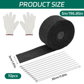 Hitzeschutzband Auspuff 5m x 5cm, Auspuff Dichtband mit 10 Stück Edelstahl Kabelbinder und Handschuhe, Hitzeschutzband für Auspuffkrümmer von Motorrädern und Autos(Schwarz)