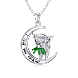 Flpruy Highland Cow Necklace 925 Sterling Silver Scotland Cow Crescent Moon Pendant Cow Jewelry Gifts for Women