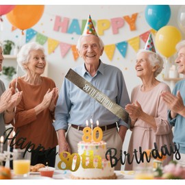 Rose Gold 80th Birthday Sash & Happy 80th Birthday Banner Set - NO DIY Instant Decor for Women/Men, Party Backdrop, Photo Props, Reusable 80th Birthday Decorations