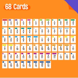 68 Fraction Flashcards, Funny Math Game Cards- All Fractions from 1-12 Compare and Simplify Fractions, Educational Math Learning Tool for School Supplies