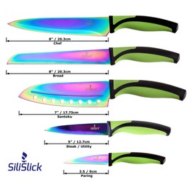 SiliSlick Kitchen Knife Set 5 Chef Quality Knives Titanium Coated Iridescent Stainless Steel Rainbow Blades & Ergonomic Handles Chef, Santoku, Bread, Steak/Utility and Carving Knife (Green Handle)