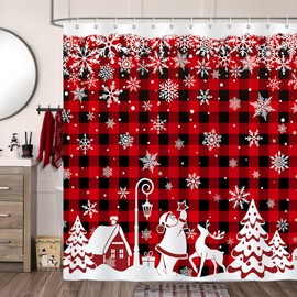 Bonhause Christmas Snowflakes Shower Curtain, Red Black Plaid Xmas Village Santa Claus Winter Bathroom Decor 72 x 72 Inch Polyester Fabric Waterproof Bath Curtain with 12 Hooks