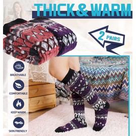DoSmart Womens Winter Warm Knee High Socks Ladies Wool Cozy Thick Hiking Skiing Comfy Thermal Boot Long Socks 2 Pairs (2 Pairs Vintage D)