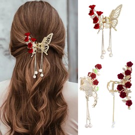 XFSRG Elegantes Roségold Haarspangen Set Damen 3 Stück Romantisches Haarschmuck Set mit Rosen Strass und Quaste Hair Clips Haarklammer Schmetterling