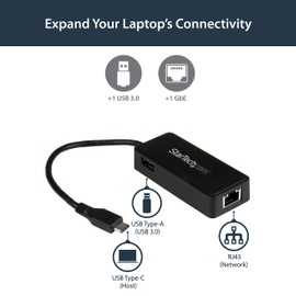 StarTech.com USB C to Gigabit Network Adapter with Extra Port - Thunderbolt 3 Compatible - Black
