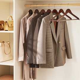 TECHMILLY Solid Natural Wooden Coat Hangers, 30 Pack Heavy Duty Smooth Finish Suit Hangers with Non-Slip Pant Bar, Precisely Cut Notches & Chrome Swivel Hook for Closet, Wardrobe