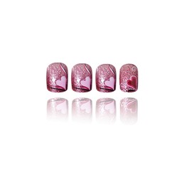 Valentine's Day Press on Nails Pink Purple Fake Nails Short False Nails Pink Heart Line Glitter Design Square Artificial Nails Full Cover Glue on Nails Cute Heart Stick on Nails for Women Manicure