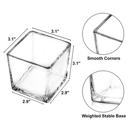 Comrzor Set of 6 Square Glass Vases 3" x3" x 3", Clear Flower Vases for Centerpieces, Candle Holder for Wedding Party Events, Home Décor