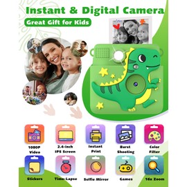 Kids Camera Instant Print, Dinosaur Toys for Boys 3 4 5 6 7 8 9 10 Years Old, 1080P Kids Digital Camera for Toddlers, Christmas Birthday Gifts for Boys Girls 3-12, 32GB SD Card, Green