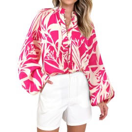 MASCOMODA Womens Boho Floral Print Fall Tops Dressy Casual V Neck Button Down Lantern Long Sleeve Shirts Chiffon Work Blouse(Rose Red Floral,X-Large)