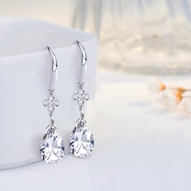 Silver Dangle Earrings 925 Sterling Silver 5A Pear Shape Cubic Zirconia Jewellery Four Leaf Clover Heart Drop Earrings for Women (Purple)