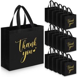 Sweetude 30 Pcs Thank You Gift Bags with Handles Bulk Reusable Goodie Bag Non Woven Foldable Bag for School Graduation Wedding Bridesmaid Gifts(Black, 11 x 12 x 5 Inch)