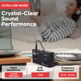 Pyle Phono Turntable Preamp - Mini Audio Stereo Phonograph Preamplifier with RCA Inputs & Outputs, Low Noise Operation, 12V DC Adapter Powered, Compatible with Turntables, Receivers, Speakers & More