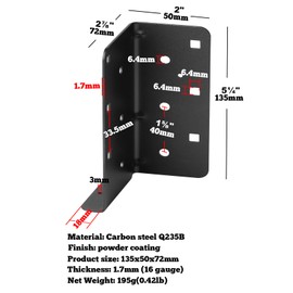2 Pairs Black Split Joist Hanger Structural-Connectors Face Mount, for All x 6" Face Mount Joist Hanger 16 Gauge, Powder Coating Finish Steel Joist Dimensional Hangers