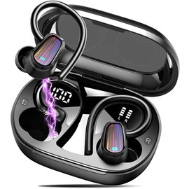 Audifonos Inalambricos Deportivos, 50H Bluetooth 5.4 Audifonos con ENC Mic y HiFi Estéreo, Auriculares inalámbricos con Ganchos Ajustables y Pantalla Digital para Deportes/Entrenamiento/Correr, Negro