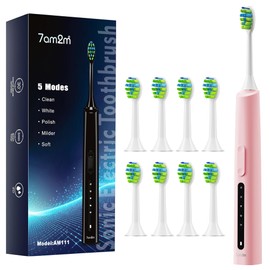 7AM2M Sonic Electric Toothbrush with 8 Brush Heads for Adults and Kids, High Power Rechargeable Toothbrushes, 5 Modes with 2 Minutes Built in Smart Timer, One Charge for 60 Days (Pink)