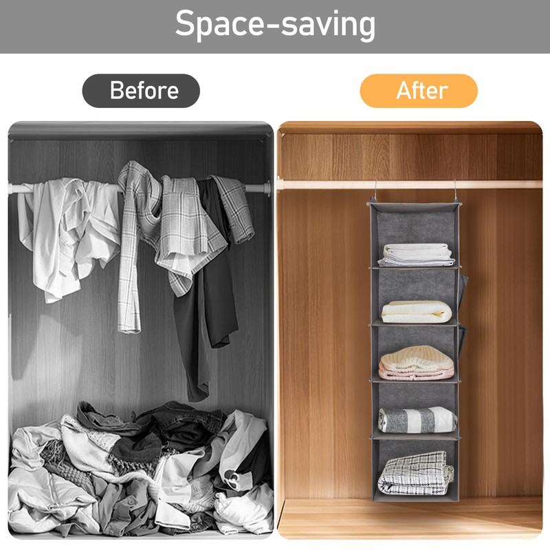 DPWEION Hanging Storage Shelves with 5 Shelves Foldable Hanging Wardrobe