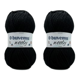 Wooly Soft Fluffy Bulky Weight #5 Wool Blended Fast Knitting Crocheting Yarn, 25% Wool 75% Acrylic, 100 Gram (3.53 Ounces) 109 Yards (100 Meters) (Black) (2 Skeins)