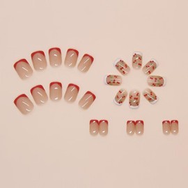 Cherry Press on Nails Short Square Fake Nails Nude Glossy False Nails with Design White Red French Tip Glue on Nails Artificial Acrylic Full Cover Stick on Nails for Women Manicure'