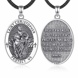 Exltoy Sterling Silver St Christopher Necklace for Men Women, Miraculous Medal - Patron Saint Amulet Saint Christopher Pendant, Religious Jewelry Catholic Gift, 24" Leather Rope Included