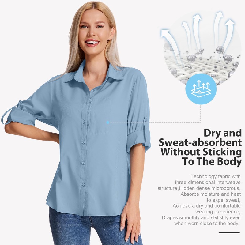 yeyity Camicia da donna con protezione UV, a maniche lunghe,