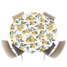 Fitted Tablecloth for Round Table, Summer Lemon Leaves Watercolor Table Cover with Elastic Edge Waterproof Table Cloth, Farm Harvest Foliage Seamless Circle Table Covers for Kitchen Outdoor Picnic