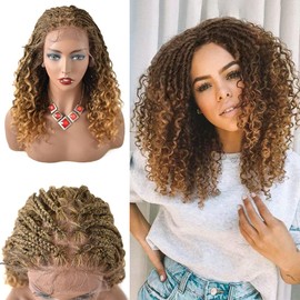 RESHE 18''HD Lace Front Braided Wigs For Black Women Curly Box Braided Wigs With Baby Hair Micro Twisted Braided Wigs Natural Parting Knotless Synthetic Wig (#1B/27T)